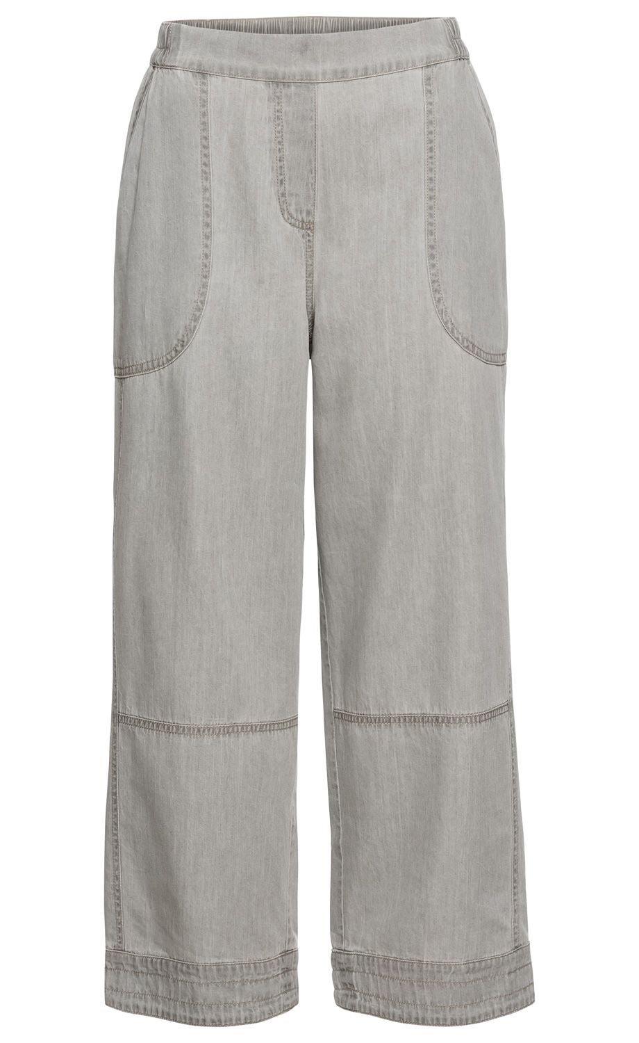 Helle Baumwoll-Hose mit weitem Bein, elastischem Bund, aufgesetzten Seitentaschen und dekorativen Nähten an Kniehöhe und Saum, gerader Schnitt, casual Stil