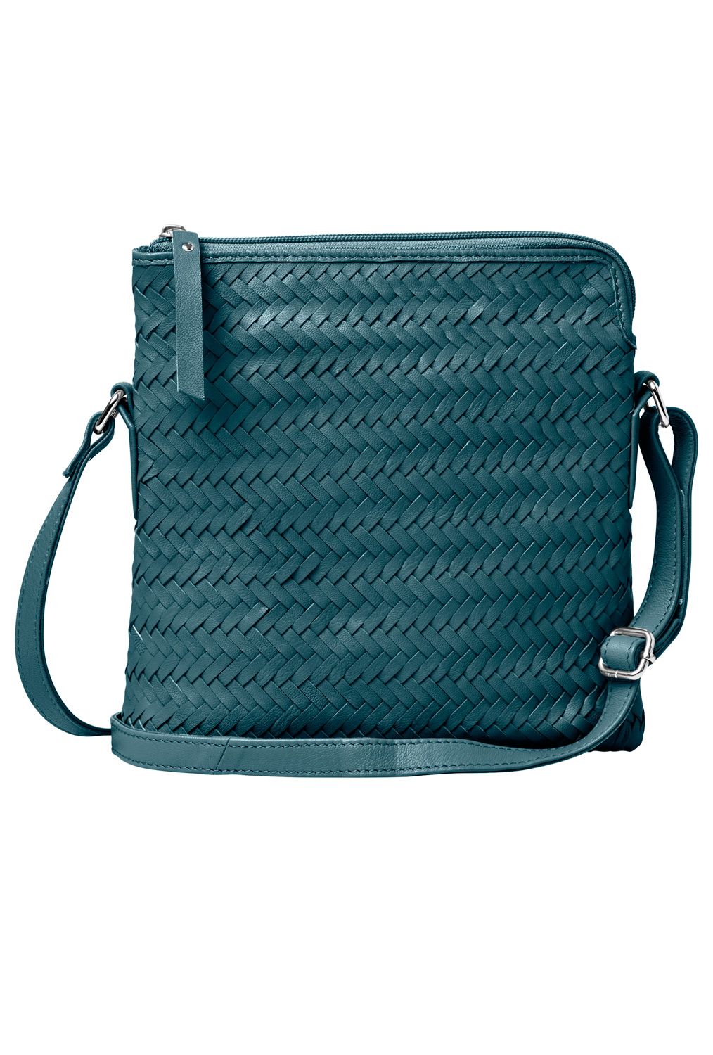 blaue Umhängetasche aus geflochtenem Leder mit Reißverschluss und verstellbarem Schultergurt, quadratische Form