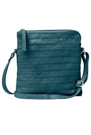 blaue Umhängetasche aus geflochtenem Leder mit Reißverschluss und verstellbarem Schultergurt, quadratische Form