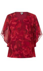 rote Viskose-Bluse mit V-Ausschnitt, halbtransparente, weite 3/4-Arm-Ärmel mit Volants, abstraktes florales Muster in verschiedenen Rot- und Dunkelrot-Tönen, gerade geschnittener Saum