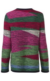 Baumwoll-Pullover in buntem Streifenmuster mit den Farben Pink, Grün, Rot, Blau und Grau, Langarm, Rückansicht, Rundhalsausschnitt, lockere Passform, links und rechts je ein dunkler Saumabschluss am Ärmel und unten