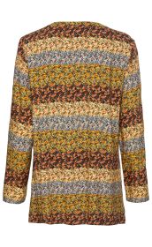 Rückenansicht einer Viskose-Tunika mit langem Arm, horizontal gestreift in Gelb, Beige, Blau und Schwarz, Paisley-Muster in Rot, Blau und Orange, lockere Passform