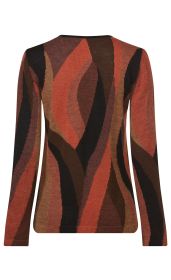 Alpaka-Strickjacke mit langem Arm, abstraktem Muster in Braun-, Rot- und Schwarztönen, Rückansicht, weich und warm, feine Strickqualität, modernes Design