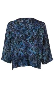 Viskose-Jacke Rückansicht in Schwarz mit blau-lila floralem Muster, 3/4-Ärmeln, lockerer Passform und leichtem Glanz, für Damen