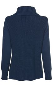 Dunkelblauer Baumwoll-Pullover mit Rollkragen, strukturierter Strickoptik, langen Ärmeln und Bündchen, Rückansicht
