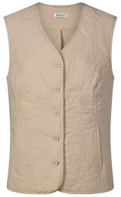 Beige, gesteppte Damenweste ohne Ärmel mit V-Ausschnitt, fünf Knöpfen vorne und kleinem Muster in Quiltnähte auf der Oberfläche, gerade geschnitten, Etikett mit Text DW-SHOP am Kragen innen.