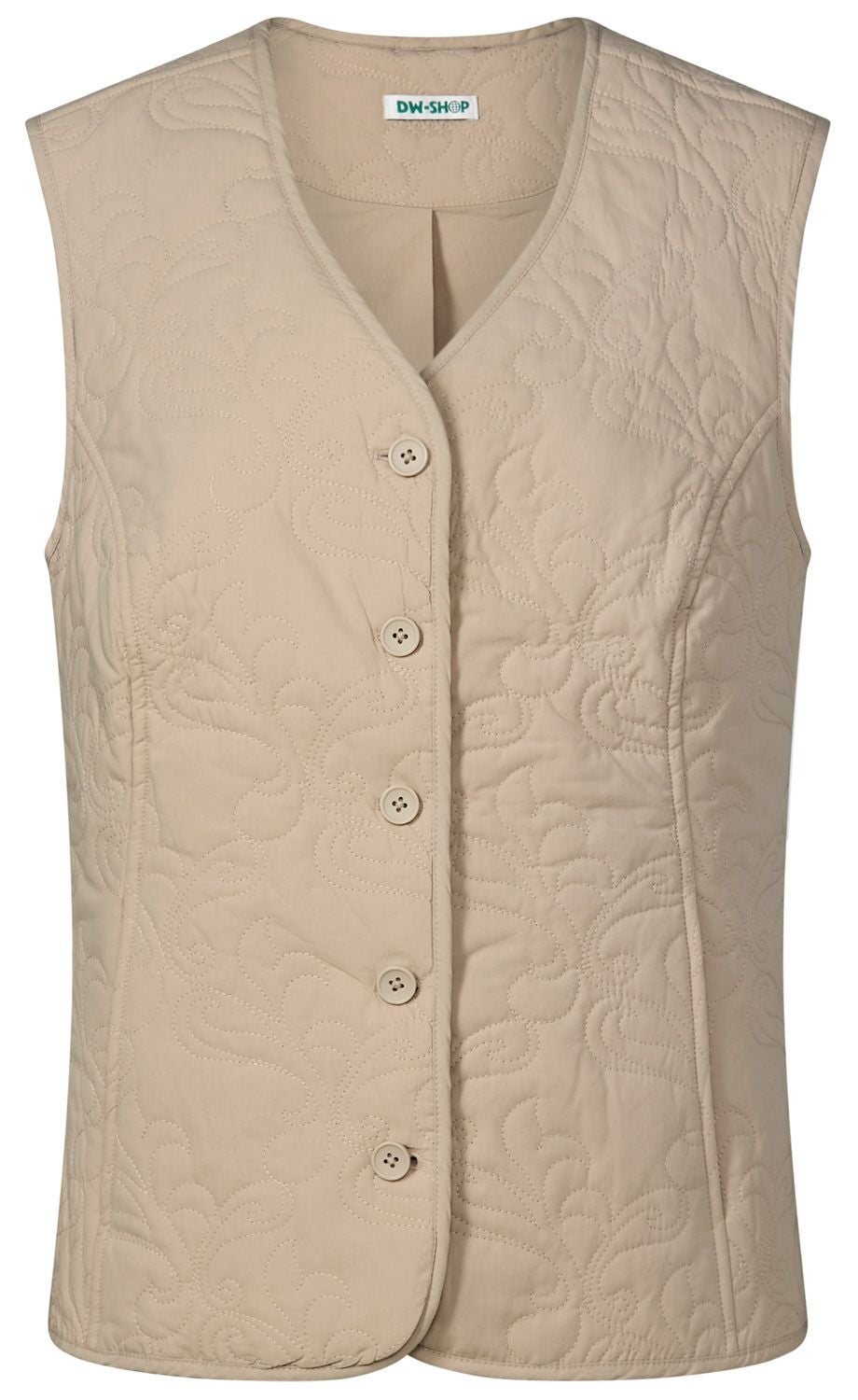 Beige, gesteppte Damenweste ohne Ärmel mit V-Ausschnitt, fünf Knöpfen vorne und kleinem Muster in Quiltnähte auf der Oberfläche, gerade geschnitten, Etikett mit Text DW-SHOP am Kragen innen.