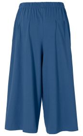 Blauer Baumwoll-Hosenrock mit weitem Bein, elastischem Bund und seitlichen Eingrifftaschen, knielang, schlicht und bequem, ideal für Freizeit und Sommer.