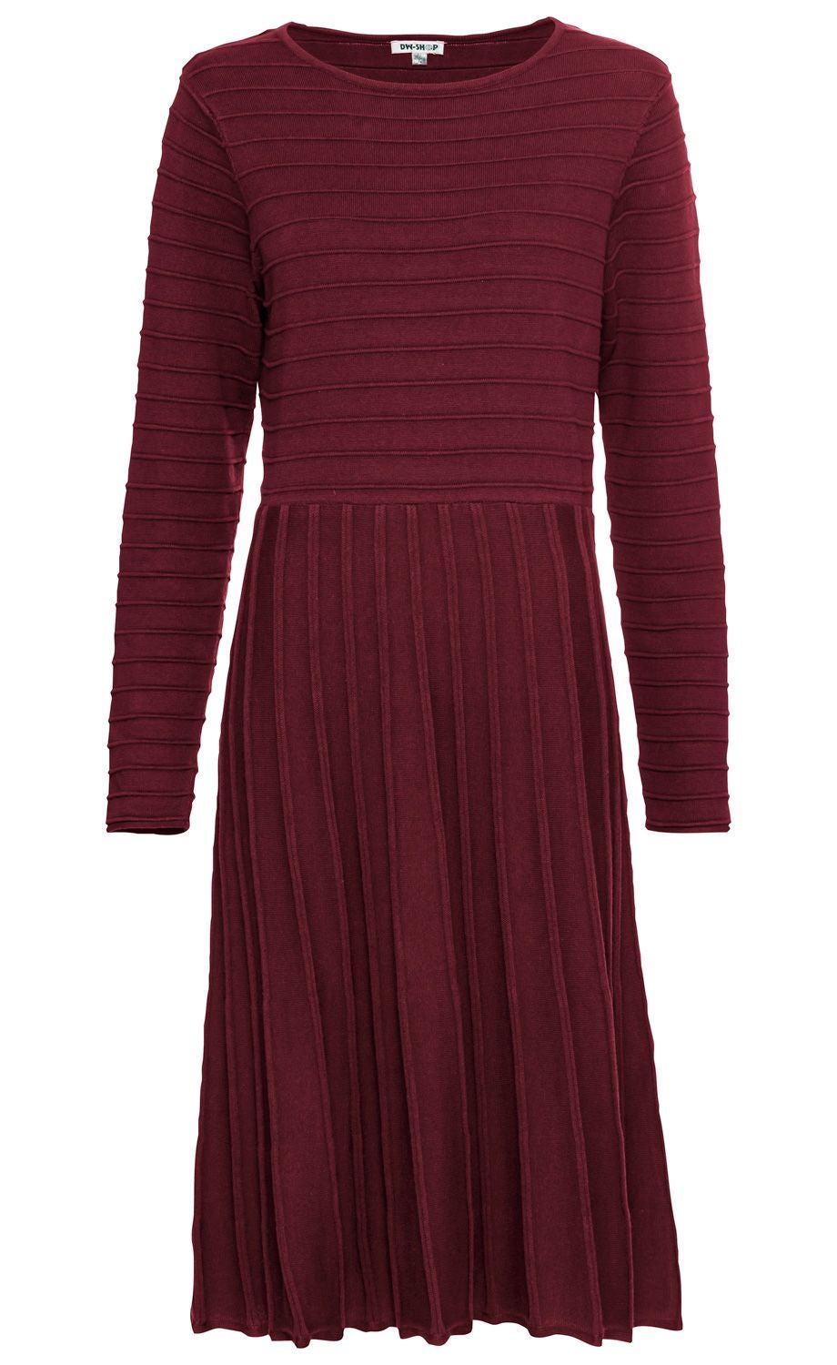 weinrotes Baumwoll-Kleid mit langen Ärmeln, Rundhalsausschnitt, geripptem Oberteil und Faltenrock, knielang