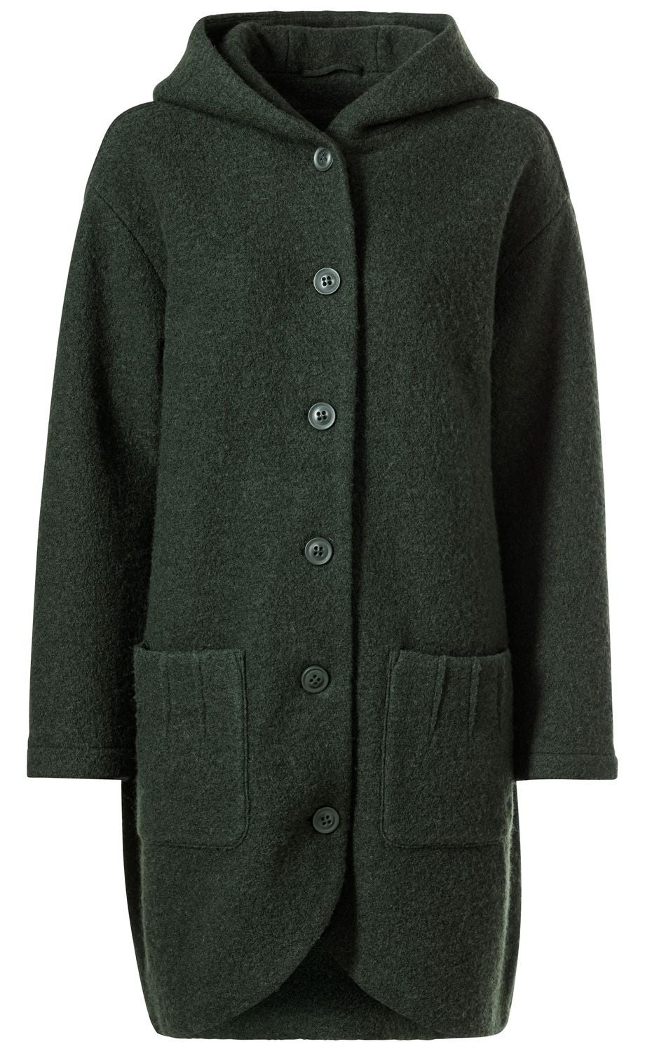 Dunkelgrüne Woll-Jacke mit Kapuze, langen Ärmeln, durchgehender Knopfleiste und zwei aufgesetzten Taschen vorne, leicht taillierte Form, mittellang