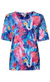 Viskose-Shirt mit kurzärmligem Rundhalsausschnitt, bunter tropischer Blatt- und Blumenmuster-Mix in Blau-, Pink-, Rot- und Gelbtönen, schmaler Saumabschluss, leichte, fließende Qualität