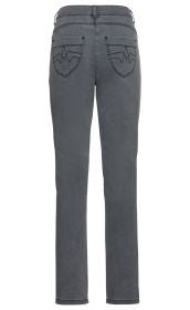 Baumwoll-Mix-Hose in Grau von hinten mit geradem Bein, zwei aufgesetzten Gesäßtaschen mit dekorativer Naht, breitem Bund und Gürtelschlaufen, schlichte Optik ohne zusätzliche Verzierungen.