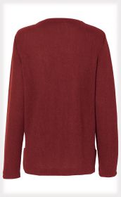 rote Alpaka-Strickjacke mit langer Ärmel, schlichte Rückansicht ohne Muster oder Verzierungen, feine Strickstruktur, leicht taillierte Form, weicher, warmer Stoff