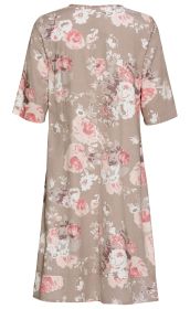 Baumwoll-Mix-Kleid in Beige mit floralen Mustern in Rosa, Weiß und Braun, mittellang, halblange Ärmel, Rückansicht, legere Passform