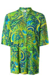 Viskose-Bluse mit kurzem Arm, Knopfleiste, Stehkragen, weit geschnitten, farbenfrohes Paisley-Muster in Grün, Gelb, Blau und Türkis