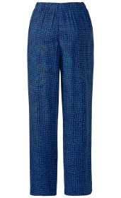 blaue Viskose-Hose mit elastischem Bund und kleinem, hellblau-grünem Punktmuster, gerade geschnitten, leichte, fließende Stoffqualität