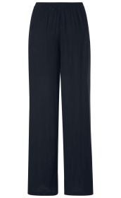 Dunkelblaue Viskose-Hose mit weitem Bein und elastischem Bund, schlichtes Design ohne sichtbare Taschen oder Verzierungen, leicht strukturierte Oberfläche, gerade geschnittene lange Hose für Damen
