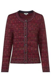 Damen Strickjacke aus Alpaka mit rundem Ausschnitt, Knopfleiste vorne und floralem, multicolor Muster in Rot- und Brauntönen, lange Ärmel, taillierte Form