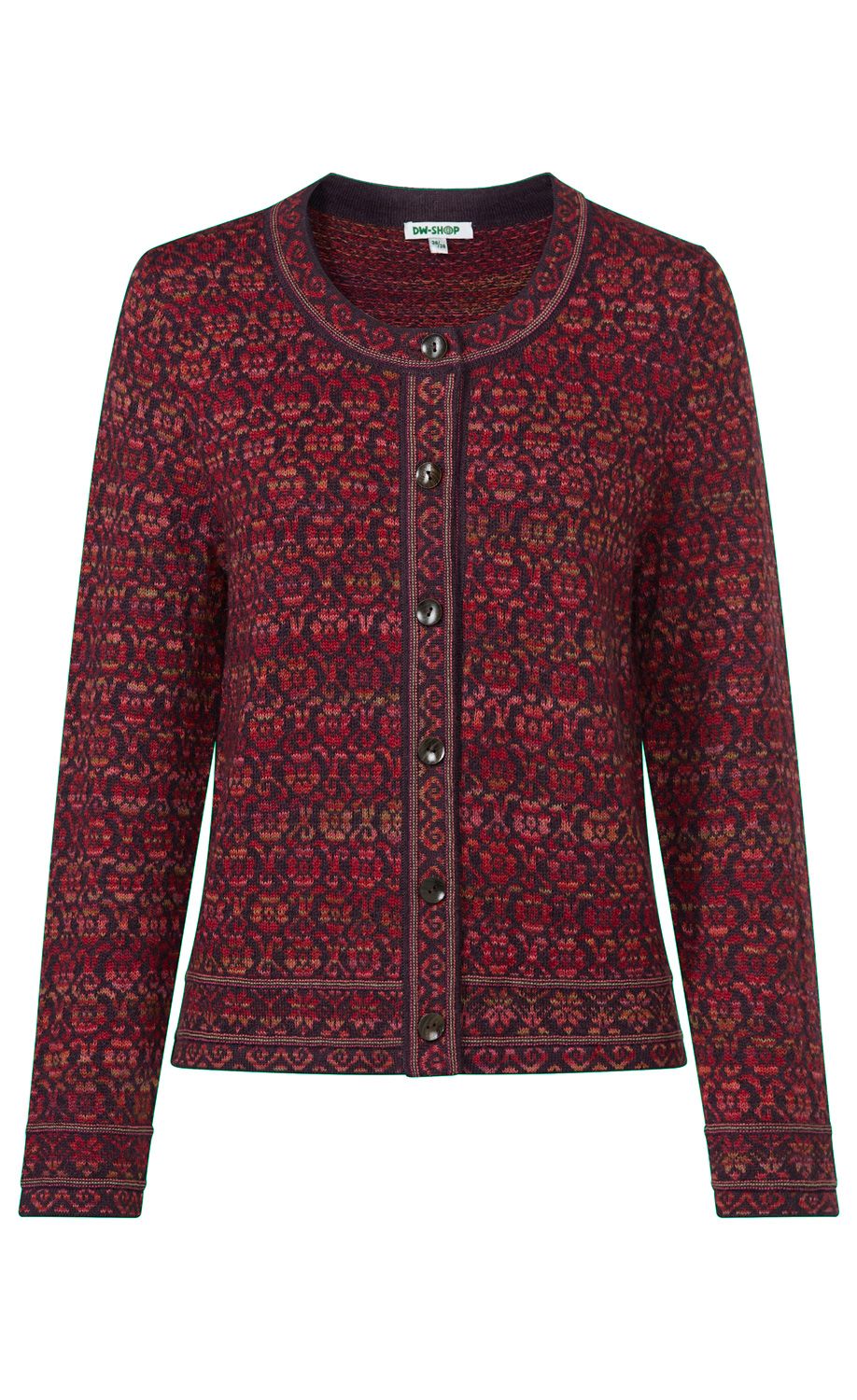Damen Strickjacke aus Alpaka mit rundem Ausschnitt, Knopfleiste vorne und floralem, multicolor Muster in Rot- und Brauntönen, lange Ärmel, taillierte Form