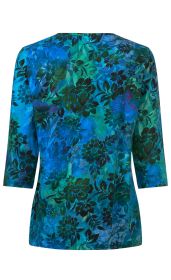 Baumwoll-Shirt in Blau- und Grüntönen mit floralen schwarzen Mustern, 3/4-Arm, Rückansicht, leicht tailliert, Rundhalsausschnitt, sommerliches Damenoberteil