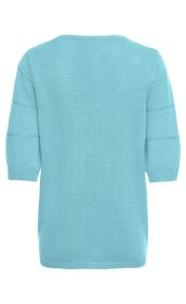 Leinen-Mix-Pullover in hellblau, Rückansicht, kurzärmlig, gerader Schnitt, feine Strickstruktur, Rundhalsausschnitt, Ärmel mit dezenten Querstreifen, elastischer Bundabschluss