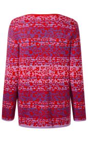Baumwoll-Strickjacke, Rückseite, langärmlig, lila Grundfarbe mit roten und pinken abstrakten Blumen- und Linienmustern, gerader Schnitt, keine sichtbaren Verschlüsse, leichte Textur sichtbar
