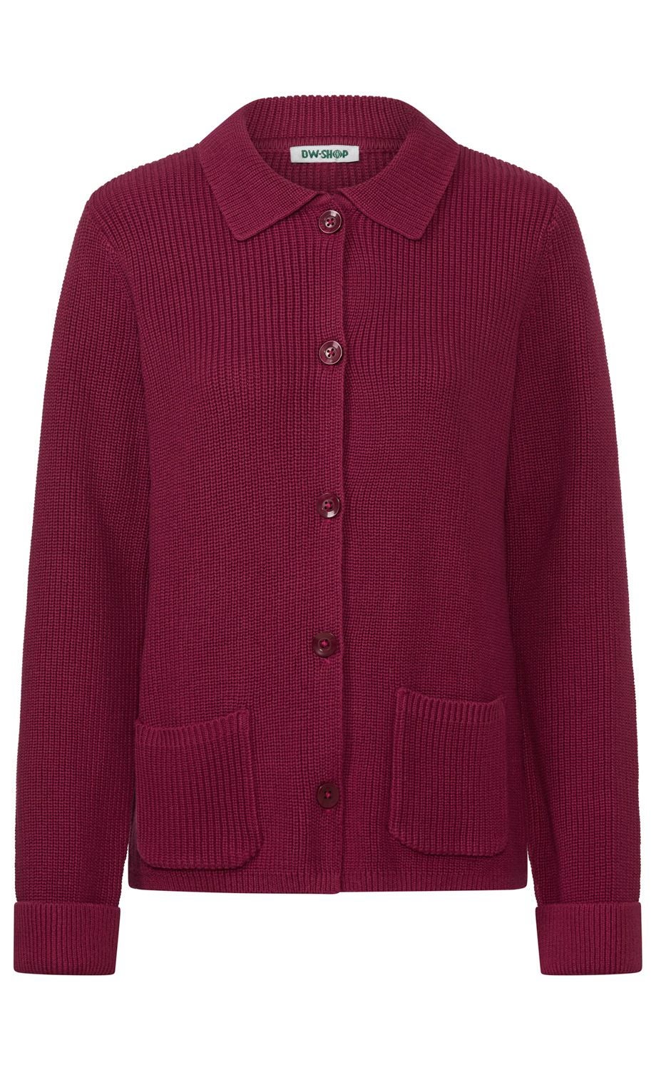 weinroter, gestrickter Cardigan mit Kragen, Knopfleiste und zwei aufgesetzten Taschen, langärmlig, gerippte Bündchen am Ärmelabschluss, mittellang, klare Form ohne Muster