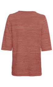 Baumwoll-Pullover in rötlich melierter Farbe, kurzärmelig, gerader Schnitt, hinten gezeigt, einfacher Rundhalsausschnitt, feine Strickstruktur sichtbar, schlichte und zeitlose Optik