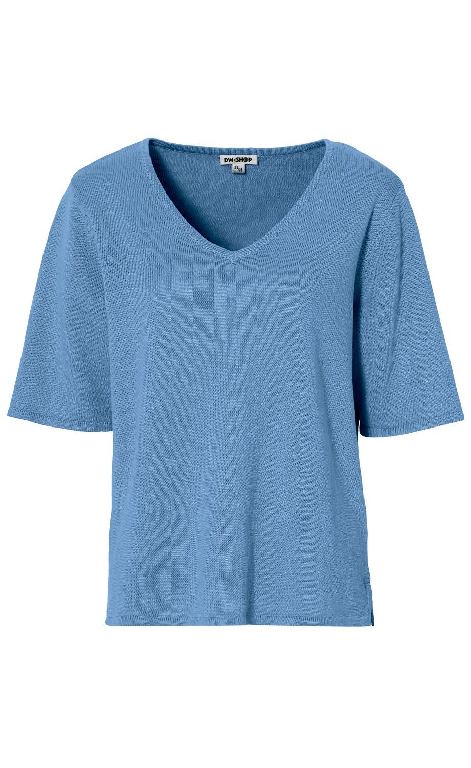 Leinen-Mix-Pullover in Hellblau mit V-Ausschnitt, kurzen Ärmeln und geradem Saum, fein gestrickt, locker geschnitten, geeignet für den Sommer