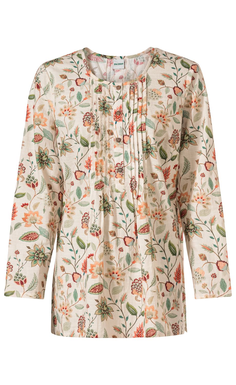 Baumwoll-Bluse mit langem Arm, cremefarbenem Grund, floralem Muster in Grün, Orange und Rot, Rundhals, Knopfleiste vorne mit kleinen Holzknöpfen, leichte Falten im Brustbereich