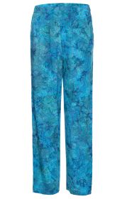 blaue Viskose-Hose mit weitem Bein, durchgehend mit dunkelblau-grünen Blattmustern bedruckt, elastischer Bund, lässiger Schnitt