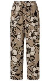 Beige Viskose-Mix-Hose mit weitem Schnitt und elastischem Bund, großer schwarzer und weißer Blumenprint, braune Details, gerade geschnittene Beine, leichte Sommerhose