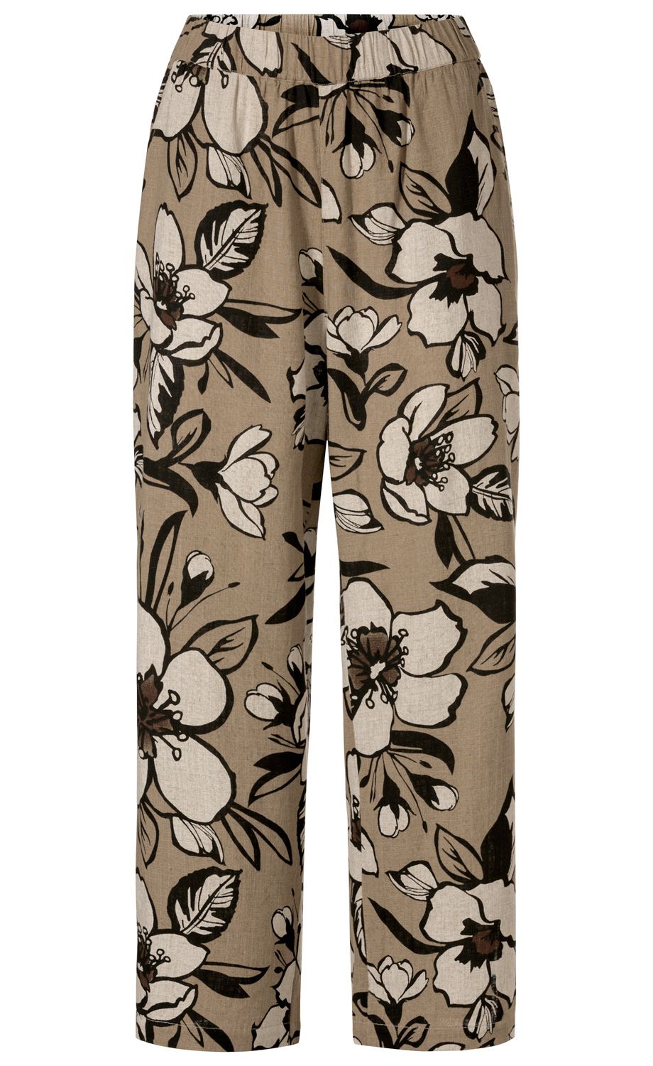 Beige Viskose-Mix-Hose mit weitem Schnitt und elastischem Bund, großer schwarzer und weißer Blumenprint, braune Details, gerade geschnittene Beine, leichte Sommerhose