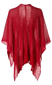 rote, transparente Viskose-Stola mit losem Strickmuster und unregelmäßigem, gewelltem Saum, freier Fall, ohne sichtbare Veredelungen oder Muster, Rückansicht auf weißem Hintergrund