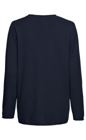 Rückansicht eines dunkelblauen Baumwoll-Pullovers mit langem Arm und rundem Ausschnitt, ohne Muster oder Aufdruck, glatter Stoff mit leicht sichtbarer Struktur, schlichtes Design, elastischer Bund am Saum und an den Ärmelenden