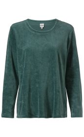 Baumwoll-Shirt in dunkelgrün, langärmlig, rundhalsausschnitt, samtige Oberfläche, schlichtes Design, gerade geschnitten