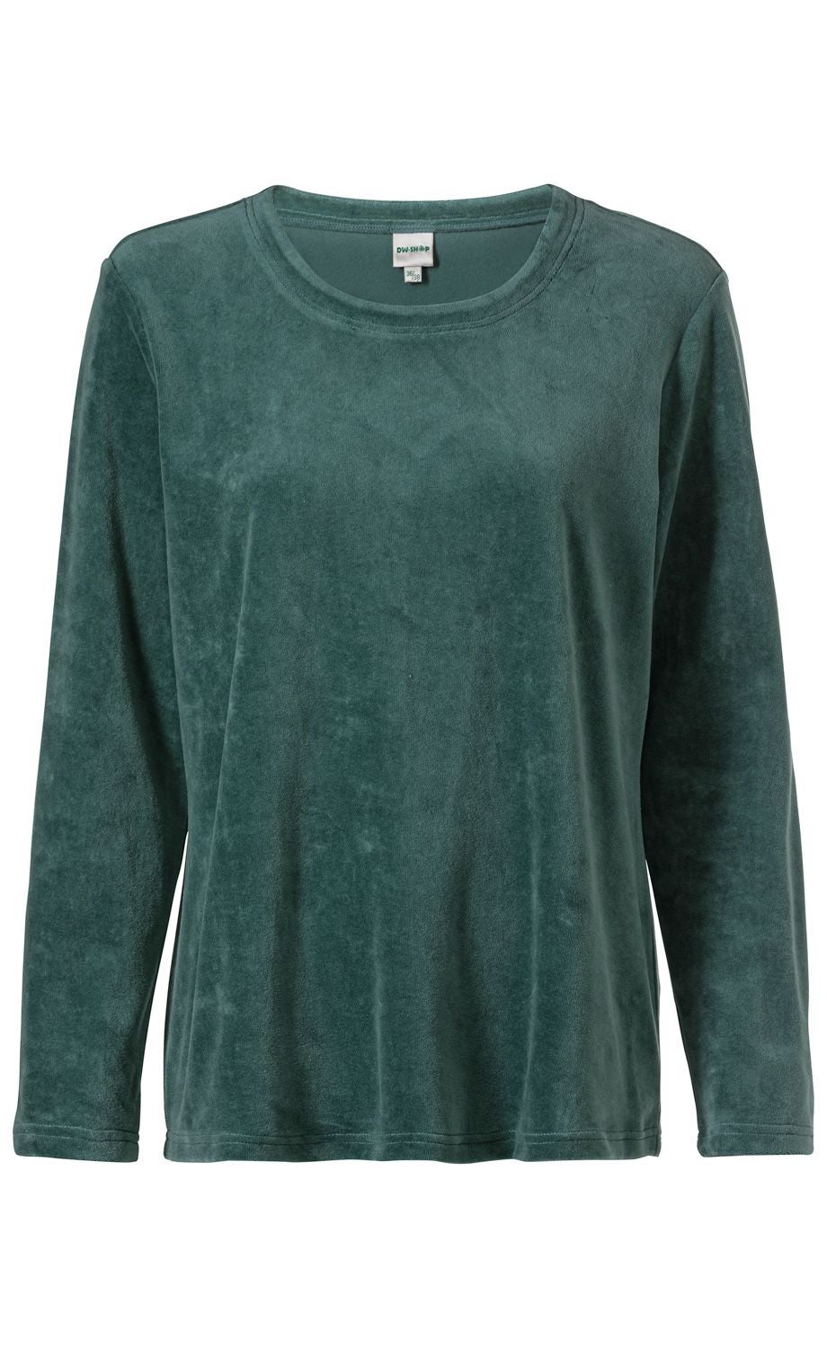 Baumwoll-Shirt in dunkelgrün, langärmlig, rundhalsausschnitt, samtige Oberfläche, schlichtes Design, gerade geschnitten