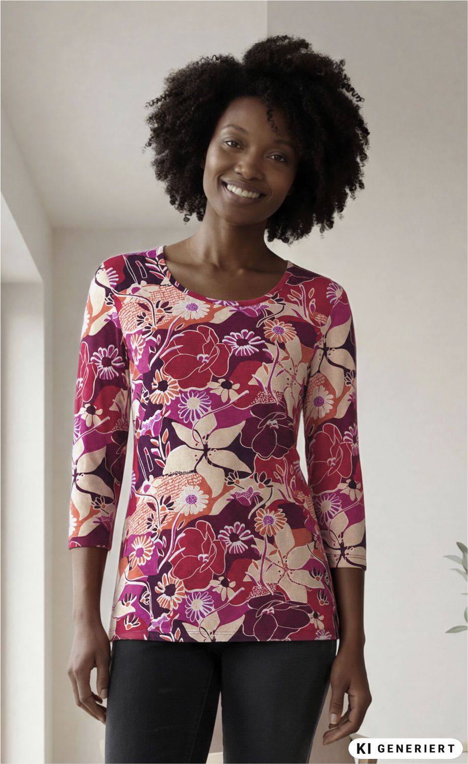Frau trägt eng anliegendes Viskose-Shirt mit buntem floralen Muster in Rot-, Pink- und Beigetönen, Rundhalsausschnitt und dreiviertellangen Ärmeln, dazu schwarze Hose, stehender Innenraum mit hellem Hintergrund