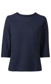 dunkelblaues Baumwoll-Shirt mit dreiviertellangen Ärmeln und rundem Ausschnitt, schlichte und gerade geschnittene Passform, ohne Muster oder Applikationen, glatte textile Oberfläche