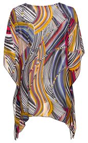 bunte Viskose-Bluse mit abstraktem Muster aus geschwungenen Linien in Gelb, Rot, Blau, Schwarz und Weiß, locker geschnitten und leicht transparent, mit asymmetrischem Saum