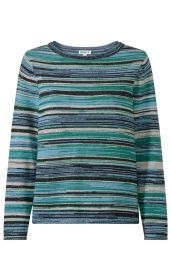 Baumwoll-Pullover mit langen Ärmeln, Rundhalsausschnitt, horizontalen Streifen in Blau-, Grün-, Schwarz- und Weißtönen, feingestrickt, gerade geschnitten, sportlich-legere Optik.
