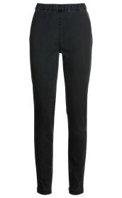 Schwarze Baumwoll-Mix-Hose mit engem Schnitt, elastischem Bund, ohne Taschen, glatter Vorderseite, normale Länge, für Damen.