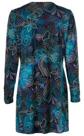 Baumwoll-Mix-Shirt mit langem Arm, dunkelblauem Grund, abstraktem Paisley-Muster aus bunten Punkten in Weiß, Blau, Grün, Lila und Gelb, tailliert, hinten gesehen