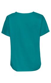 Baumwoll-Shirt in türkis, Rückansicht, kurzärmlig mit umgeschlagenen Ärmeln, Rundhalsausschnitt, gerader Schnitt, schlichte Oberfläche ohne Muster oder Verzierungen
