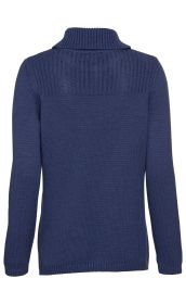 Baumwoll-Mix-Pullover in Dunkelblau, Rückansicht, langärmlig, gerippter Stehkragen, gerippte Details am oberen Rücken, gerade geschnitten mit geripptem Saum und Bündchen.