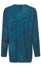 Damen Viskose-Bluse, Rückansicht, langärmlig, dunkelblauer Grundton mit türkisfarbenem abstraktem Paisley-Muster, locker fallender Schnitt, gerader Saumabschluss
