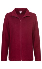 rote Baumwoll-Fleece-Jacke mit durchgehendem Reißverschluss, Stehkragen und langen Ärmeln, schlichtes und warmes Design, Vorderansicht auf weißem Hintergrund