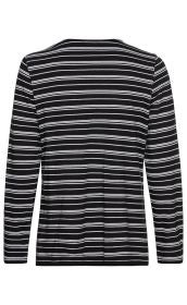 schwarz-weiß gestreiftes Baumwoll-Shirt, langärmlig, mit horizontalen weißen Linien auf schwarzem Hintergrund, Rückansicht, gerade geschnitten, einfaches Design