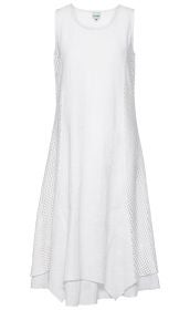 Weißes ärmelloses Baumwollkleid mit lockerem Schnitt, asymmetrischem Saum und Einsätzen aus transparentem Mesh-Stoff an den Seiten, Größe 38, ideal für sommerliche Looks.