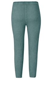 Baumwoll-Mix-Leggings in grünblauer Farbe, eng anliegend, mit elastischem Bund, ohne Muster, glatte Oberfläche, Rückansicht, knöchellang